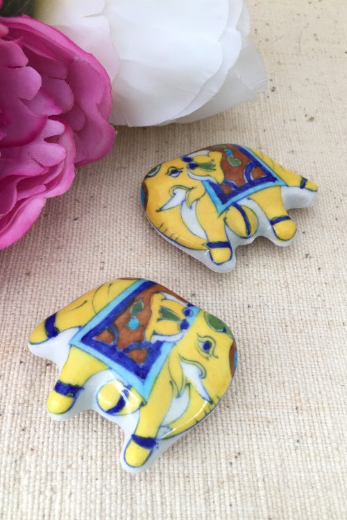 Ram Gopal Blue Pottery Handcrafted 'Fridge magnet ' Yellow elephant ( Set of 2)