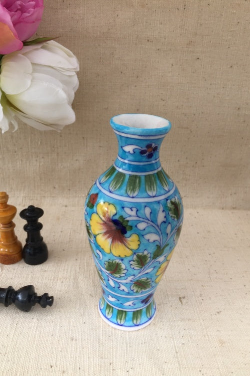 Ram Gopal Blue Pottery Handcrafted ' Saras Vase ' Light Blue, Green Vase