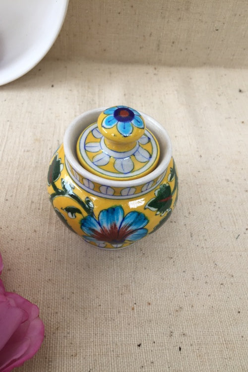Ram Gopal Blue Pottery Handcrafted 'Sugar Pot ' Yellow Blue Jar