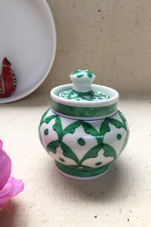 Ram Gopal Blue Pottery Handcrafted 'Sugar Pot ' Green Blue Jar