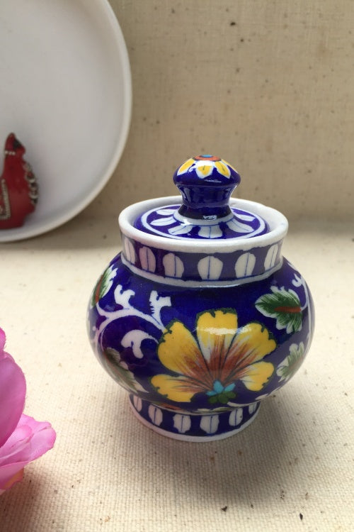 Ram Gopal Blue Pottery Handcrafted 'Sugar Pot ' Blue Yellow Jar