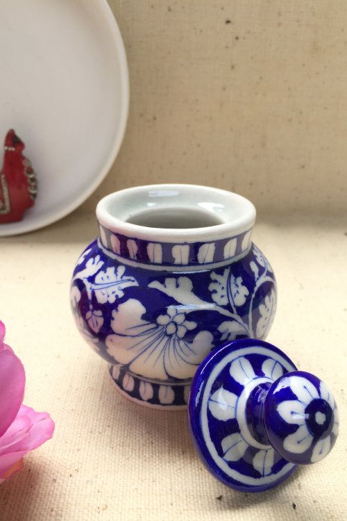Ram Gopal Blue Pottery Handcrafted 'Sugar Pot ' Blue White Jar