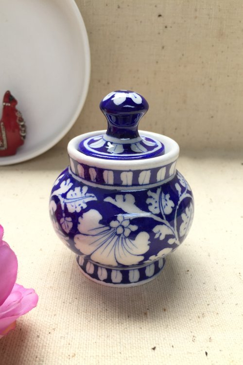 Ram Gopal Blue Pottery Handcrafted 'Sugar Pot ' Blue White Jar