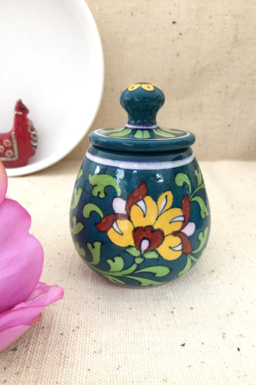 Ram Gopal Blue Pottery Handcrafted 'Sugar Pot ' Green White Jar