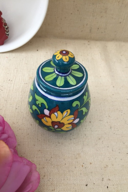 Ram Gopal Blue Pottery Handcrafted 'Sugar Pot ' Green White Jar
