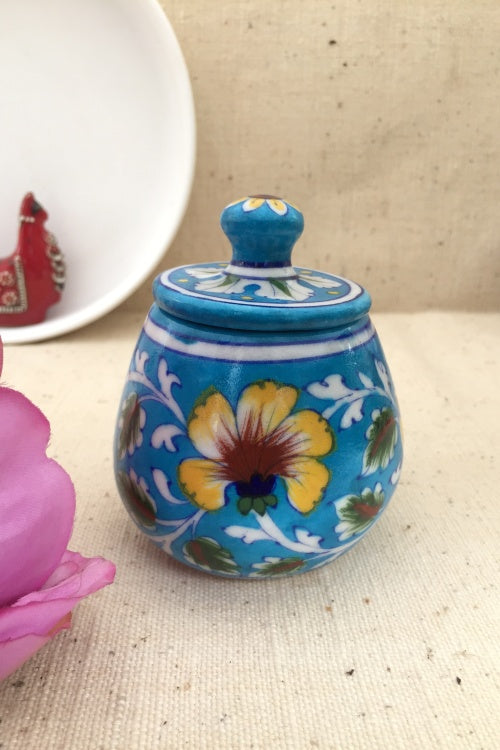 Ram Gopal Blue Pottery Handcrafted 'Sugar Pot ' Light Blue Yellow Jar