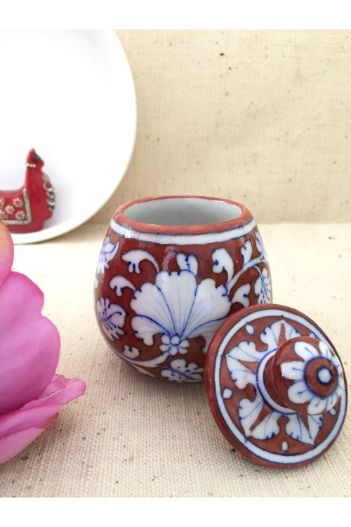 Ram Gopal Blue Pottery Handcrafted 'Sugar Pot ' Red White Jar