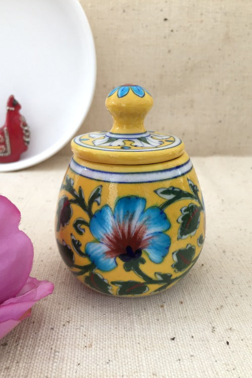 Ram Gopal Blue Pottery Handcrafted 'Sugar Pot ' Yellow Green Jar