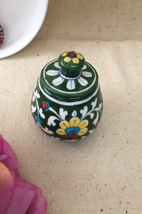 Ram Gopal Blue Pottery Handcrafted 'Sugar Pot ' Green Yellow Jar