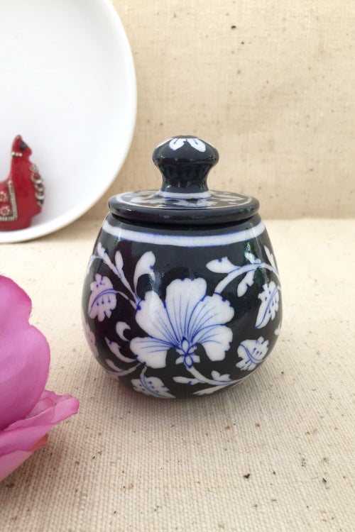 Ram Gopal Blue Pottery Handcrafted 'Sugar Pot ' Black White Jar