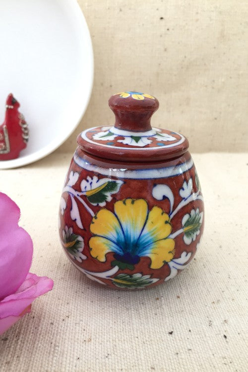 Ram Gopal Blue Pottery Handcrafted 'Sugar Pot ' Red Yellow Jar