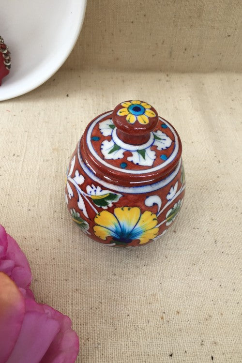 Ram Gopal Blue Pottery Handcrafted 'Sugar Pot ' Red Yellow Jar