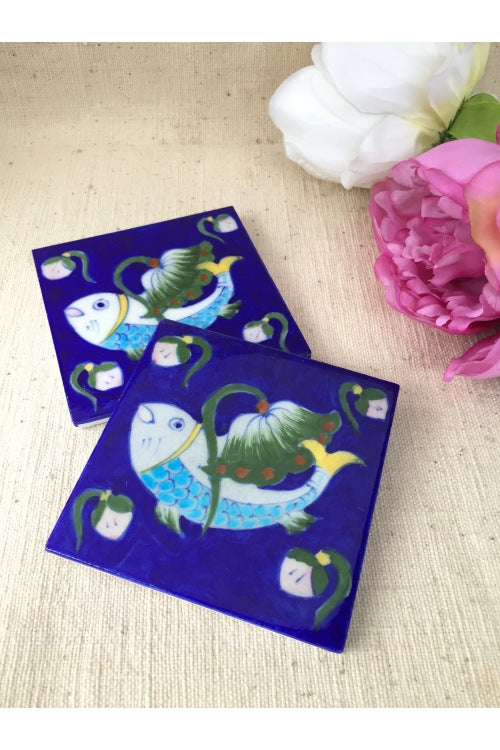 Ram Gopal Blue Pottery Handcrafted 'Fish Tile ' Blue Green (Set of 2)