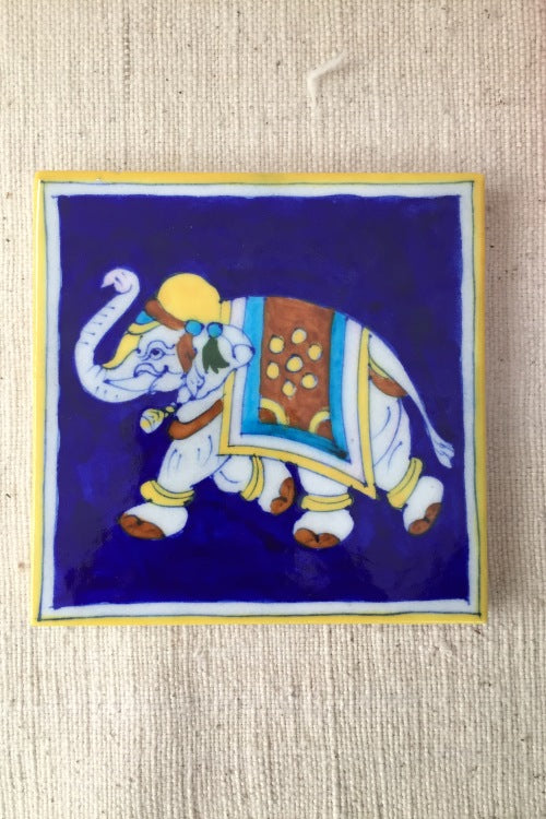 Ram Gopal Blue Pottery Handcrafted 'Elephant Tile ' Blue Yellow (Set of 2)