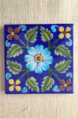 Ram Gopal Blue Pottery Handcrafted 'Flower Tile ' Blue Green (Set of 2)
