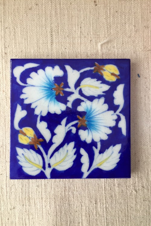 Ram Gopal Blue Pottery Handcrafted 'Flower Tile ' Blue White (Set of 2)
