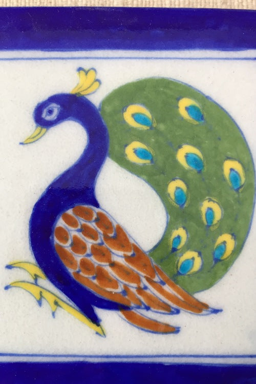 Ram Gopal Blue Pottery Handcrafted 'Peacock Tile ' Blue White (Set of 2)