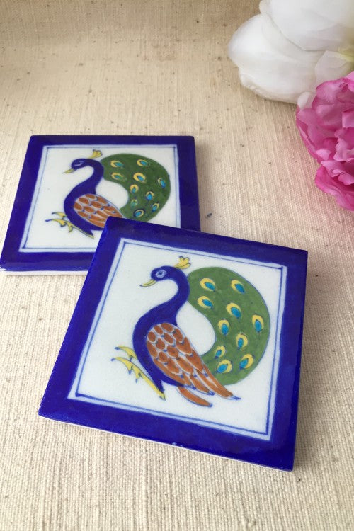 Ram Gopal Blue Pottery Handcrafted 'Peacock Tile ' Blue White (Set of 2)