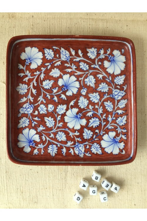 Ram Gopal Blue Pottery Handcrafted 'Flower Tray ' Red White