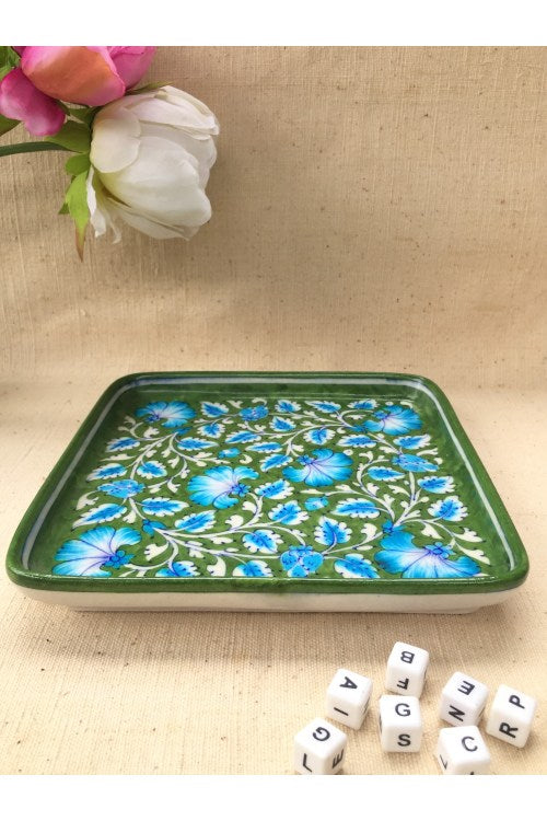 Ram Gopal Blue Pottery Handcrafted 'Flower Tray ' Green Blue