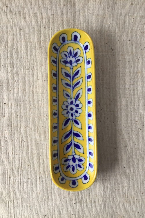 Ram Gopal Blue Pottery Handcrafted 'Flower Tray ' Yellow Blue