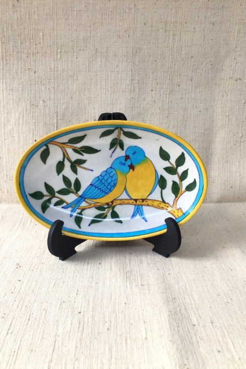 Ram Gopal Blue Pottery Handcrafted 'Oval Bird Plate ' With Stand Yellow Blue