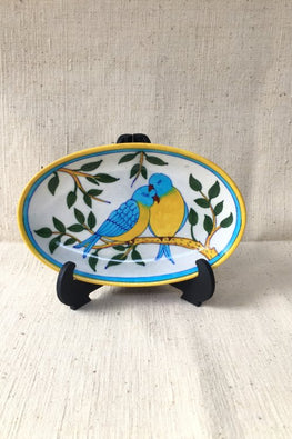 Ram Gopal Blue Pottery Handcrafted 'Oval Bird Plate ' With Stand Yellow Blue