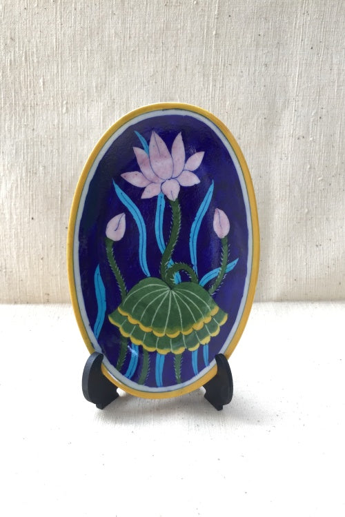 Ram Gopal Blue Pottery Handcrafted 'Oval Lotus Plate ' With Stand Blue Pink