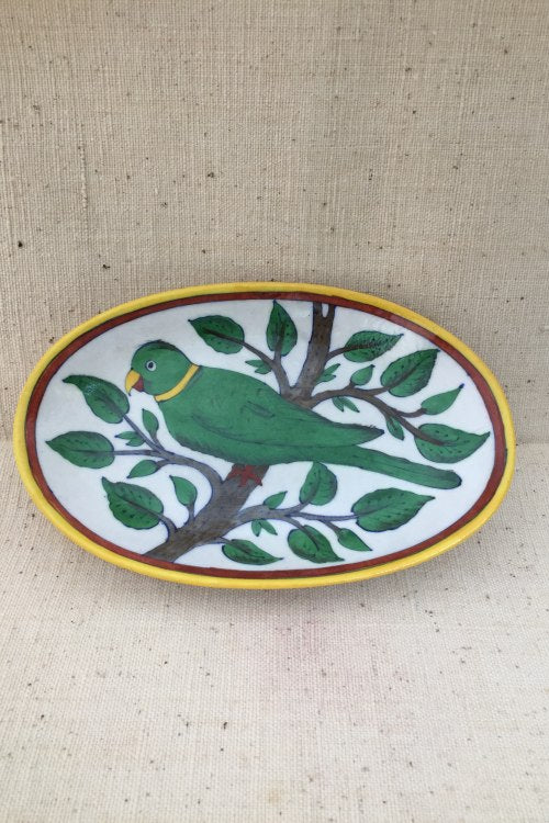 Ram Gopal Blue Pottery Handcrafted 'Oval Parrot Plate ' With Stand Green White