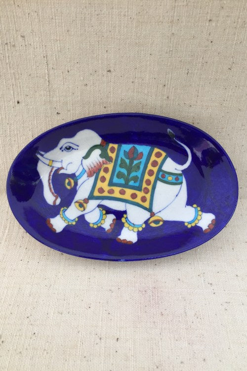 Ram Gopal Blue Pottery Handcrafted 'Oval Elephant Plate' With Stand Blue White