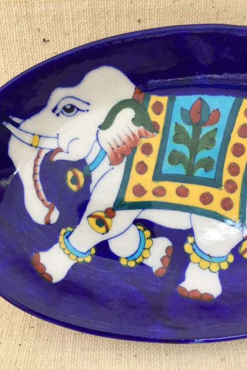 Ram Gopal Blue Pottery Handcrafted 'Oval Elephant Plate' With Stand Blue White