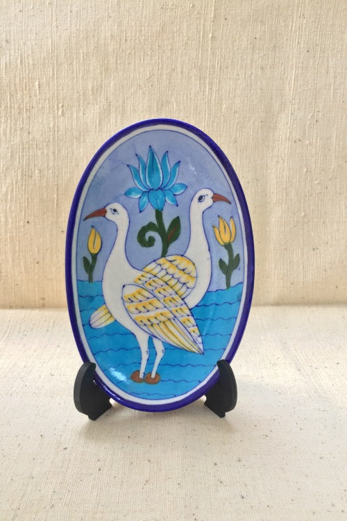 Ram Gopal Blue Pottery Handcrafted 'Oval Bird Plate ' With Stand Blue White