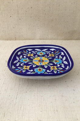Ram Gopal Blue Pottery Handcrafted 'Snack Square Tray ' Blue Yellow