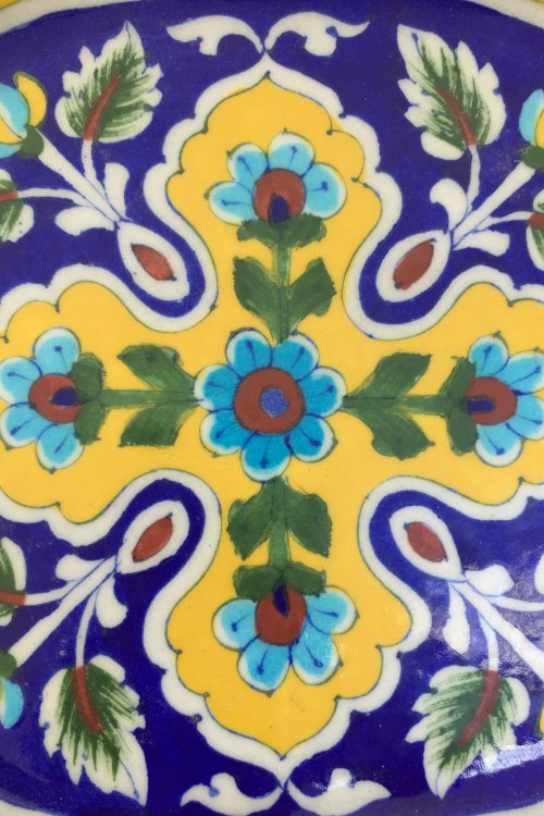 Ram Gopal Blue Pottery Handcrafted 'Snack Square Tray ' Blue Yellow