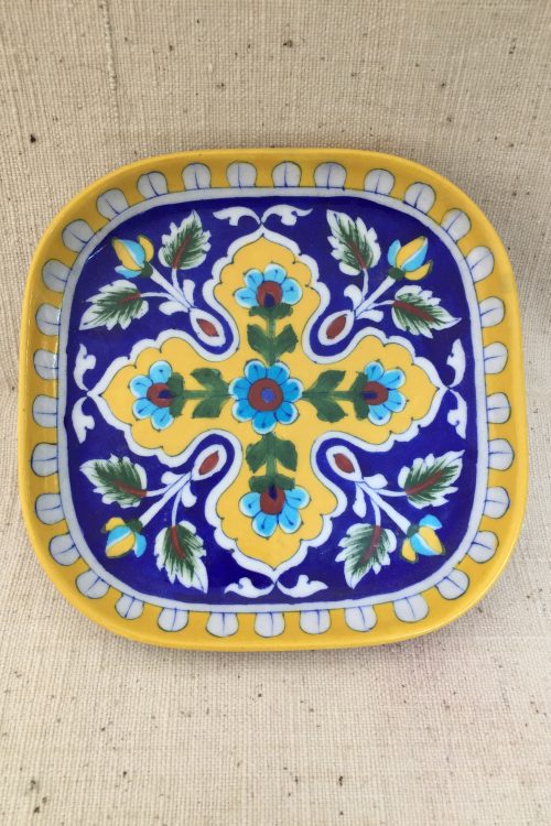 Ram Gopal Blue Pottery Handcrafted 'Snack Square Tray ' Blue Yellow