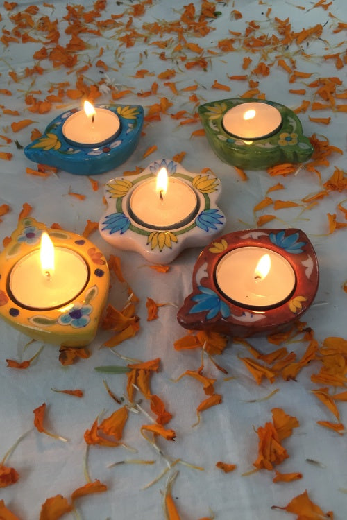 Ram Gopal Blue Pottery Handcrafted 'Kairi Diya T-Candles ' Blue Red Yellow Green White