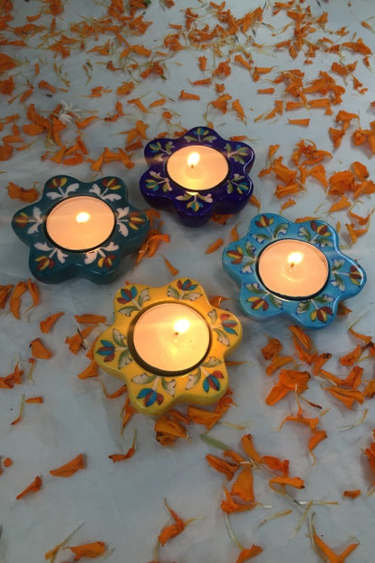 Ram Gopal Blue Pottery Handcrafted 'Sunflower Diya T-Candles ' Blue Green Yellow - GREEN, BLUE, YELLOW, Quartz Powder, Glass