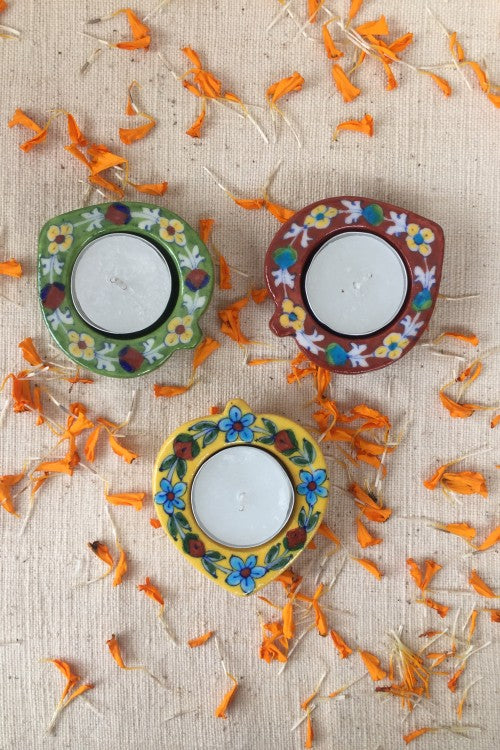 Ram Gopal Blue Pottery Handcrafted 'Paan Diya T-Candles ' Blue Green Yellow