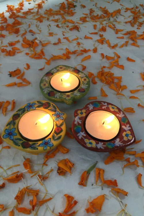 Ram Gopal Blue Pottery Handcrafted 'Paan Diya T-Candles ' Blue Green Yellow