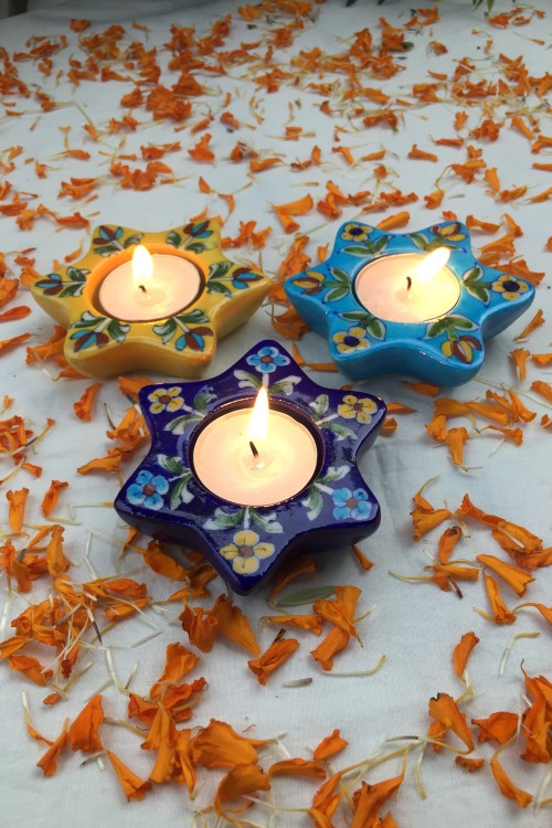 Ram Gopal Blue Pottery Handcrafted 'Orchid Diya T-Candles ' Blue Green Yellow