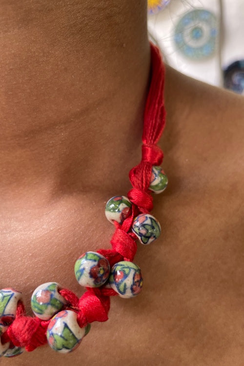 Blue Pottery Handcrafted Red And White Knot Necklace