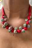 Blue Pottery Handcrafted Red And White Knot Necklace
