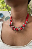 Blue Pottery Handcrafted Red And White Knot Necklace