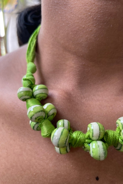 Blue Pottery Handcrafted Green And White Knot Necklace