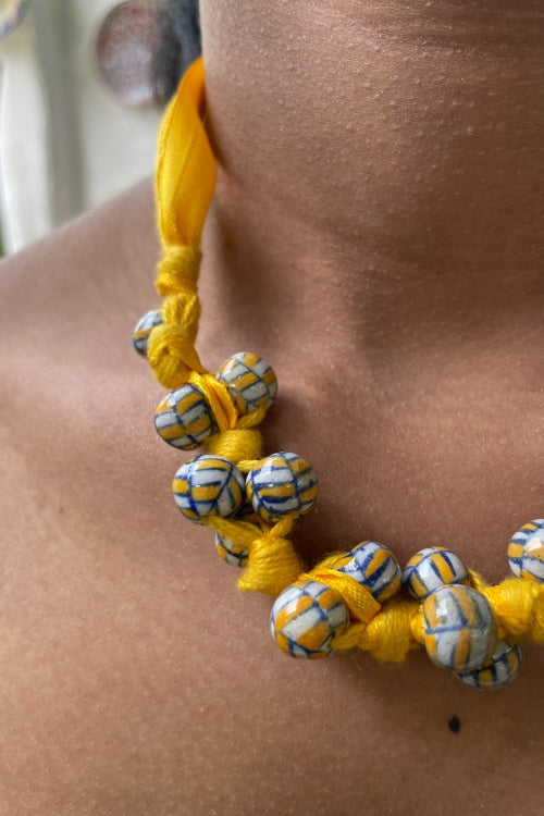 Blue Pottery Handcrafted Yellow And Blue Knot Necklace