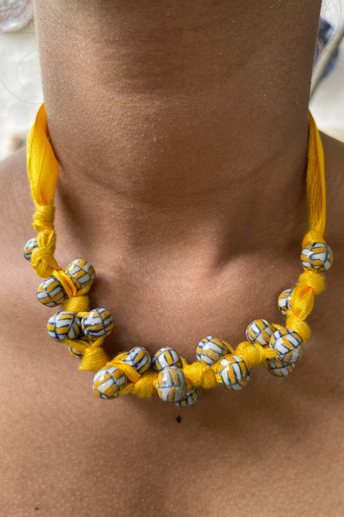 Blue Pottery Handcrafted Yellow And Blue Knot Necklace