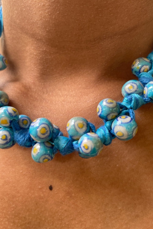 Blue Pottery Handcrafted Light Blue And Yellow Knot Necklace