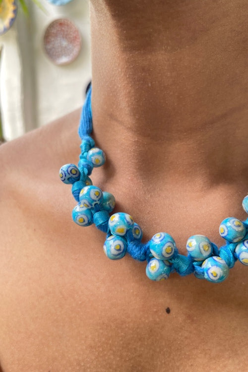 Blue Pottery Handcrafted Light Blue And Yellow Knot Necklace
