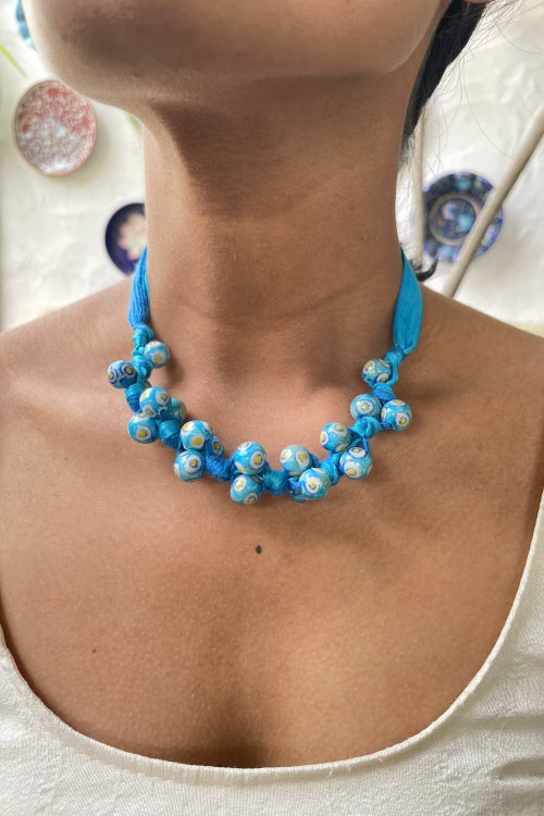 Blue Pottery Handcrafted Light Blue And Yellow Knot Necklace