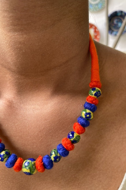 Blue Pottery Handcrafted Beaded Orange And Yellow Necklace